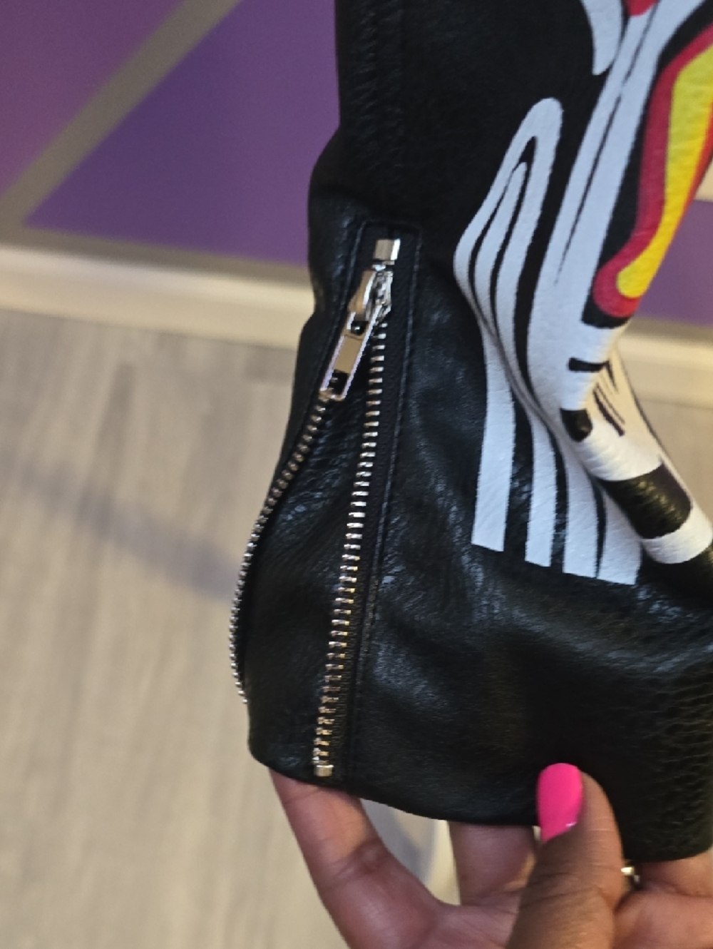 Painted Black Leather Biker Jacket with Multicolor Graffiti Accents - Picture 11 of 14